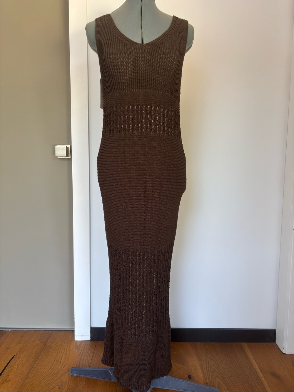 NWT Max Mara Valois Coffee Knit Crochet Maxi Dress w/ Slip M NWT $1050